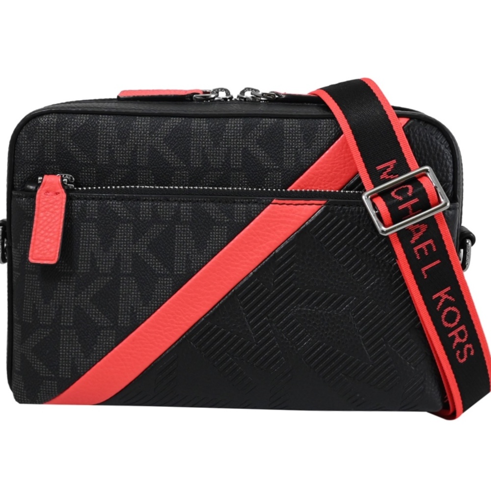 Collectible Michael Kors Cooper Black Red MK East West Utility Crossbody Bag
